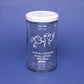 Beautiful glass jar with an illustration and the text "love all humans and all other species"
