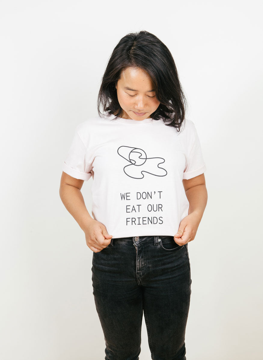 girl with we dont eat our friends t-shirt